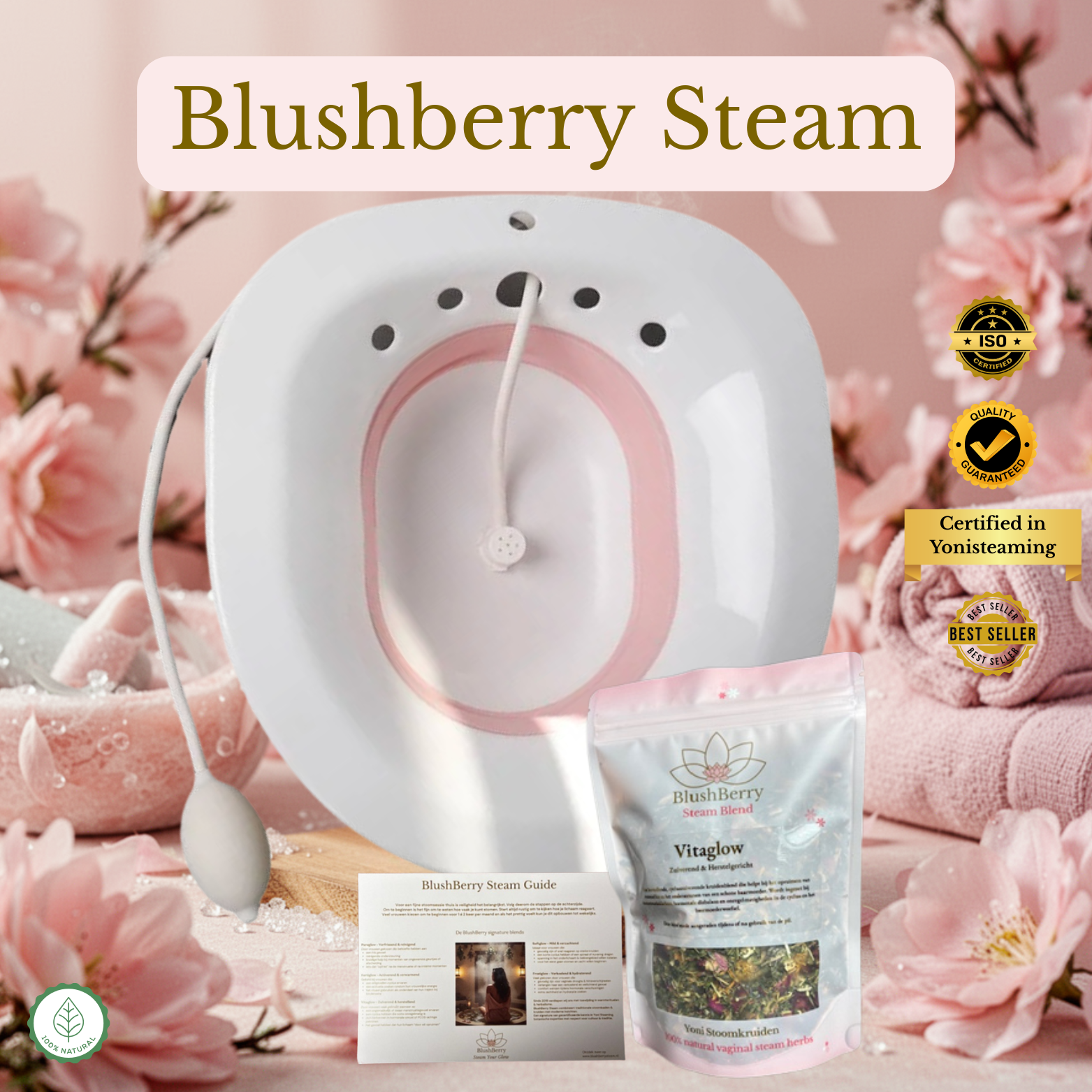 BlushBerry Yoni Steam Startset met houten yoni stoombad, kruidenmix, instructies en accessoires voor een ontspannend yoni stoombad.