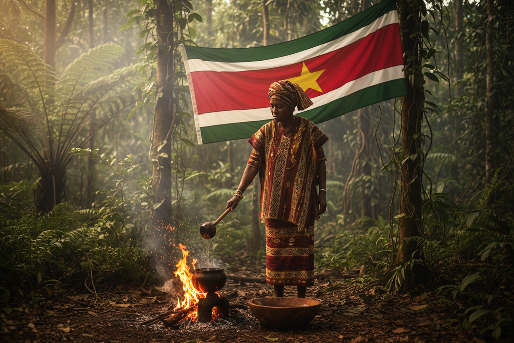 een marron vrouw in het binnenland van suriname die een faya watra doet met ergens de surinaamse vlag in de afbeelding