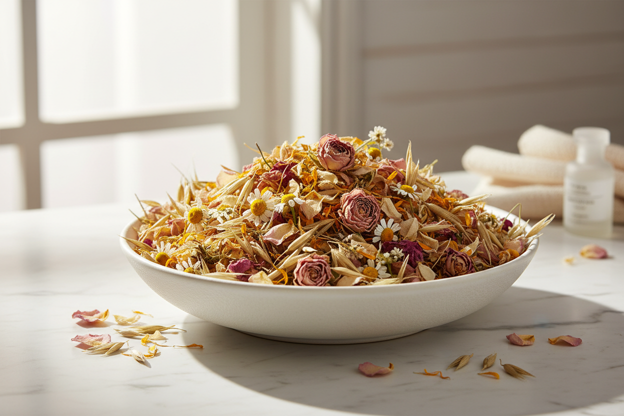 een mooie luze schaal met gedroogde rozen, kamille, goudsbloem haver en het ziet er high end uit