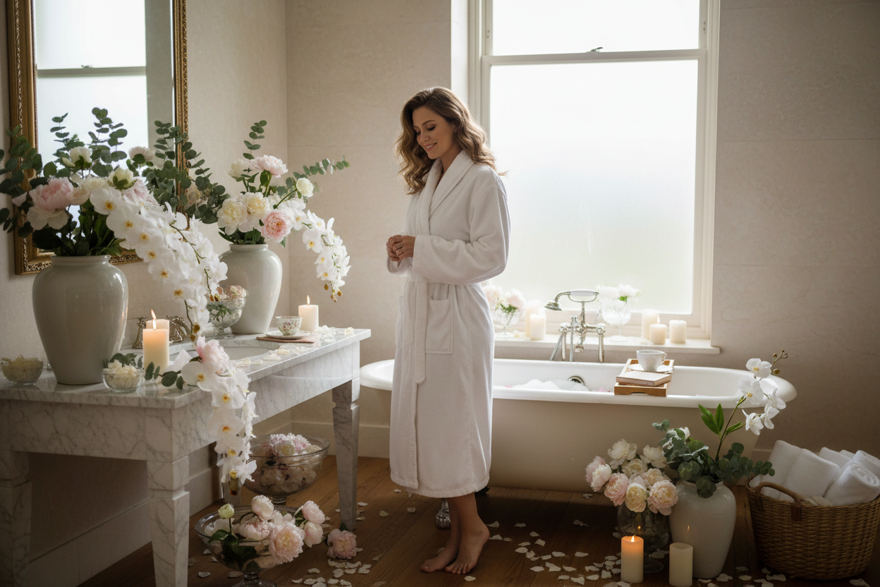 knappe vrouw in badjas in badkamer met bloemen